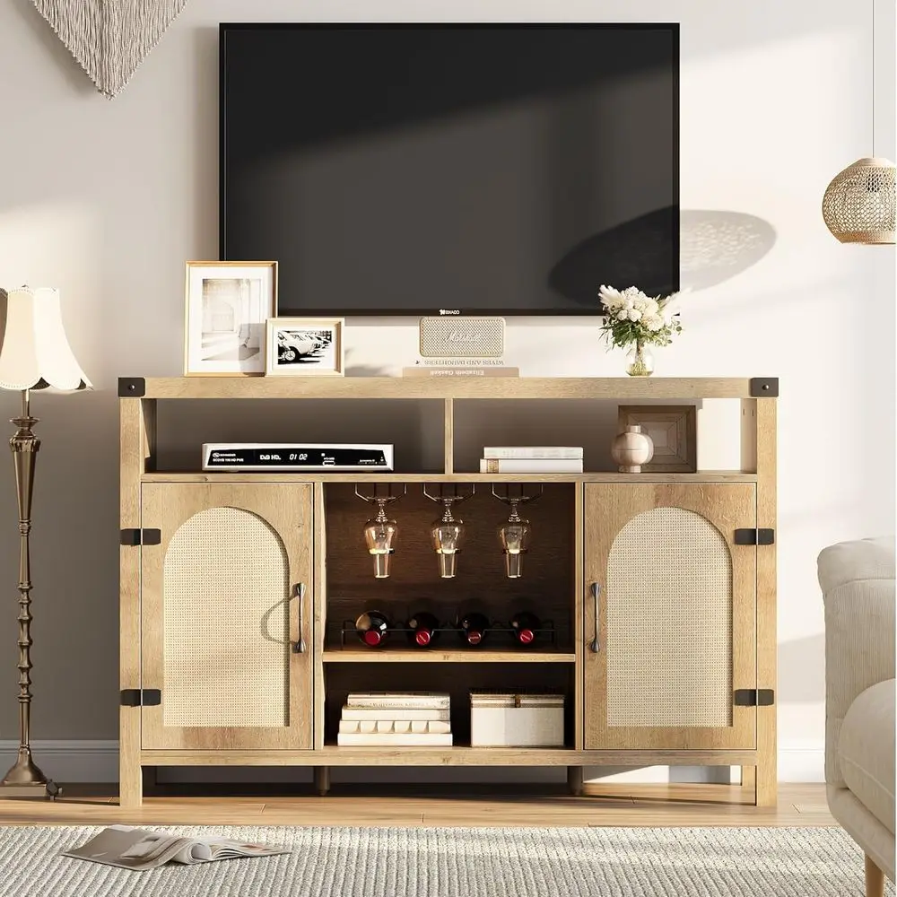 Mobile Bar in Rattan con Porta Scorrevole e Ripiani Regolabili per Cucina e Sala da Pranzo