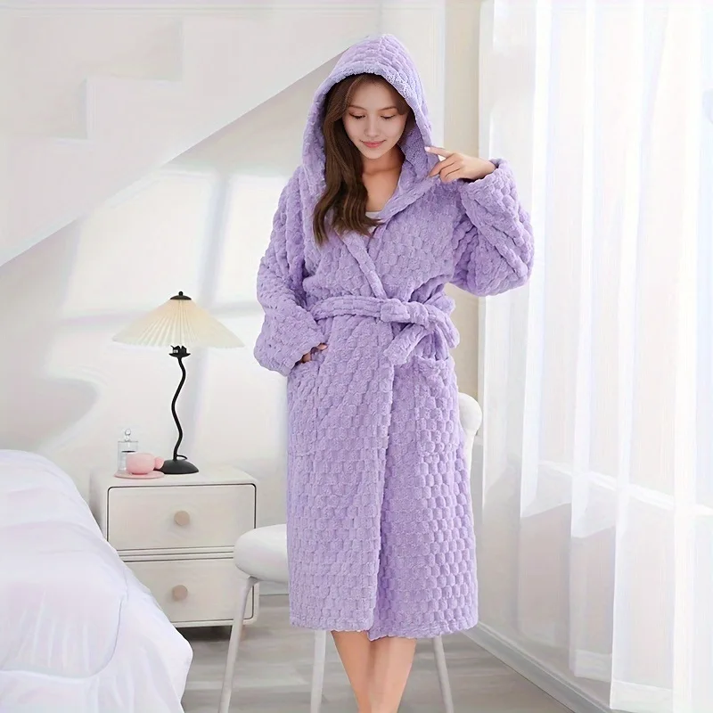 

Shower Bathrobe Women Onesize Kimono Warm Coral Fleece Sleepwear Long Sleeve Kimono with Pocket Autumn Winter Pajamas Loungewear