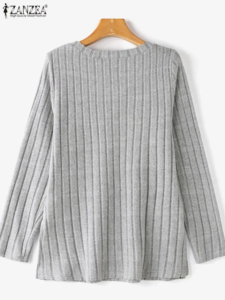 ZANZEA Ribbed Knitted Women Blouses V NEck Solid Color Casual Long Sleeve T-shirts Autumn Trend 2024 Side Slit Fashion Blusas