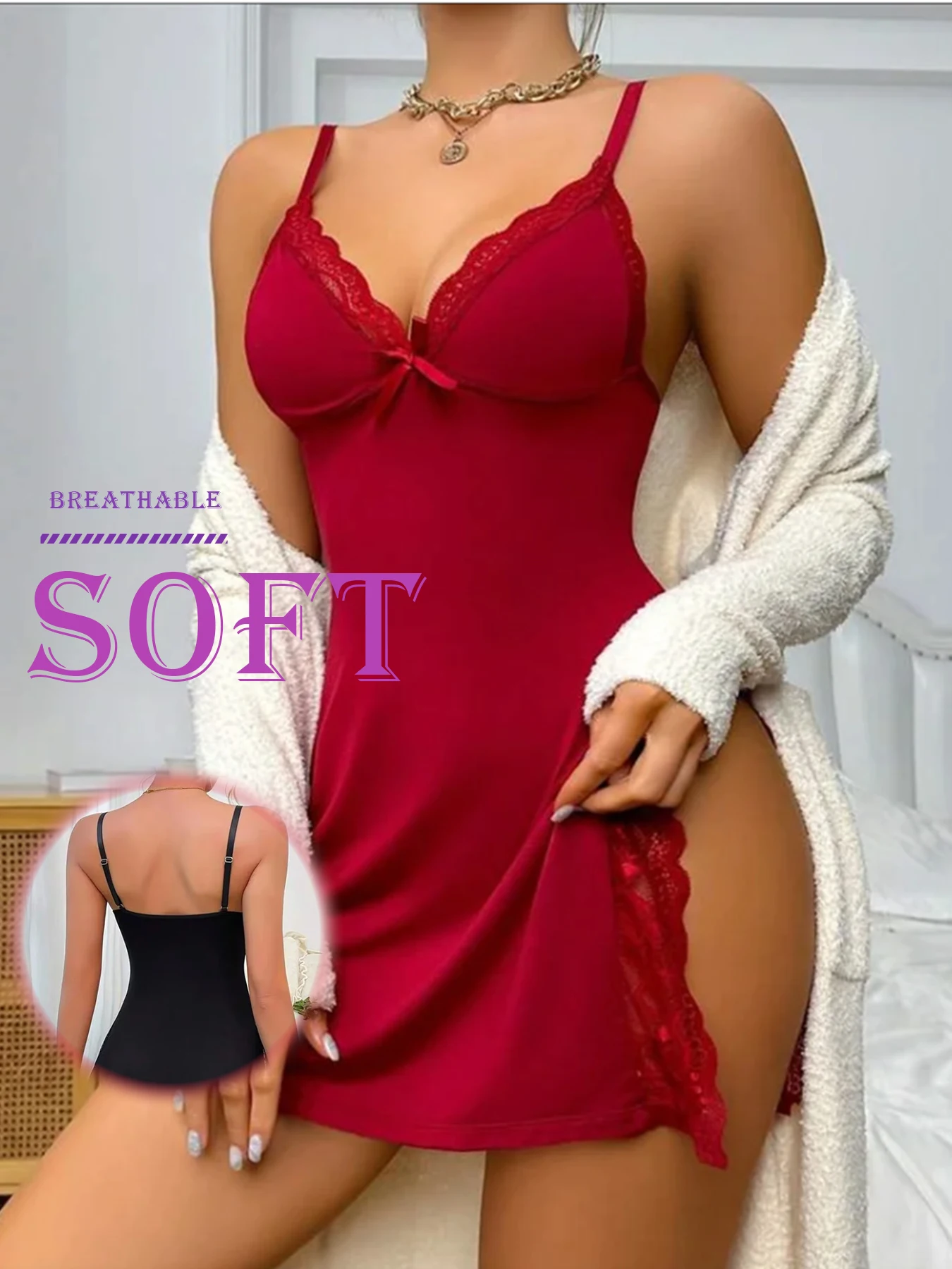 Sexy Lingerie Double Strap Push-Up Lace Nightgown Set with Side Slit Bow Details Adjustable Straps Open-Leg Sleepwear for Women