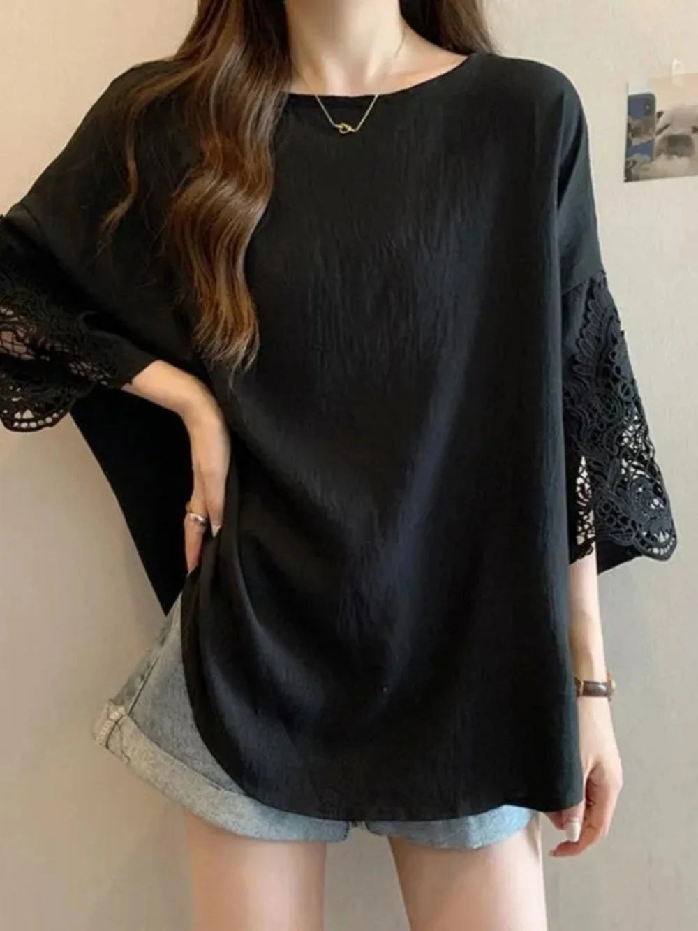 

plus Size Women's T-Shirt Korean Style Lace Splice Short Sleeve Loose Casual Summer Fashion Versatile Top for And Pear ...
