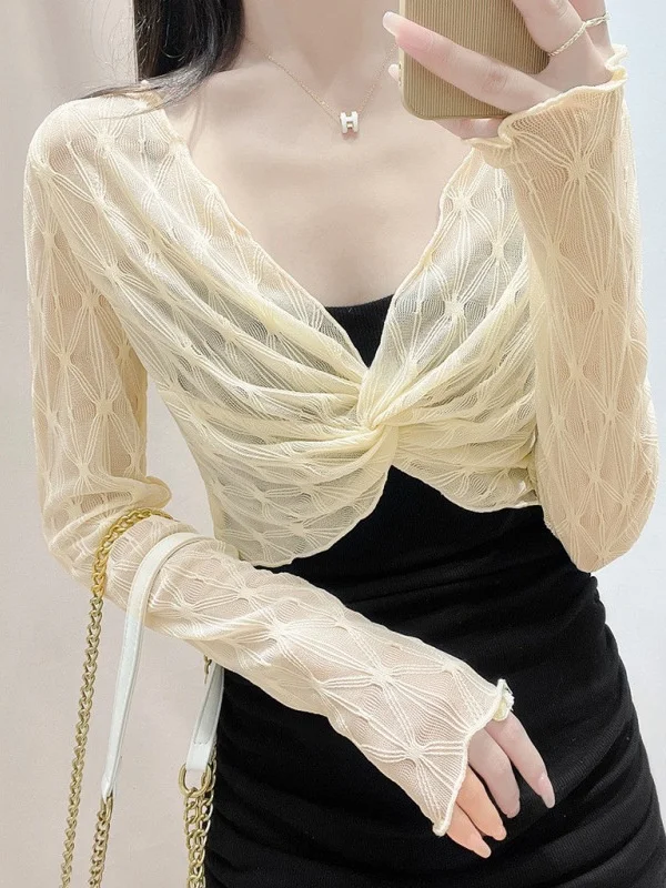 

Lace Me Long Sve Pullover Blouse Women's Street Sle Straight Cut V-Ne ort Length Polyester Fabric Summer Blouse