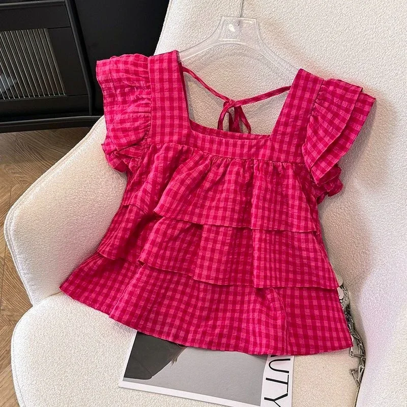 Girls Cute Plaid Blouse 2026 Summer New Rose Red Sleeveless Shirt Casual Outerwear Trendy Chic Top for Kids Daily Vacation Wear​