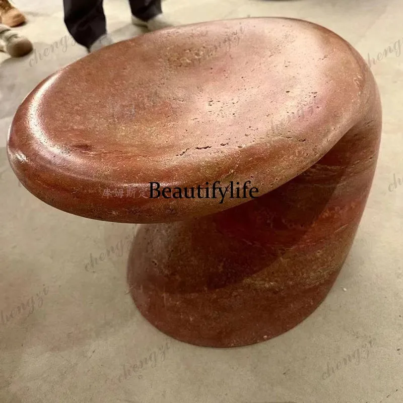 Wabi Sansan natural Roman travertine marble living room round coffee table high-end red travertine edge table