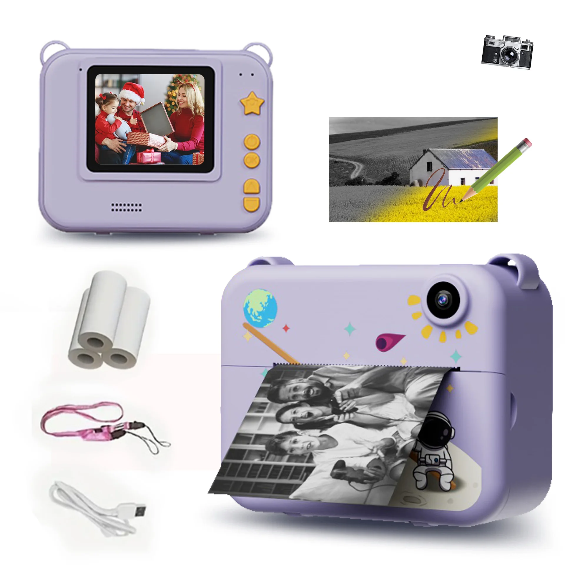 Youngsters' Instant Print Camera  Dual Lens, Portable Selfie Toy with 3 Rolls of Paper - USB Rechargeable, Christmas present