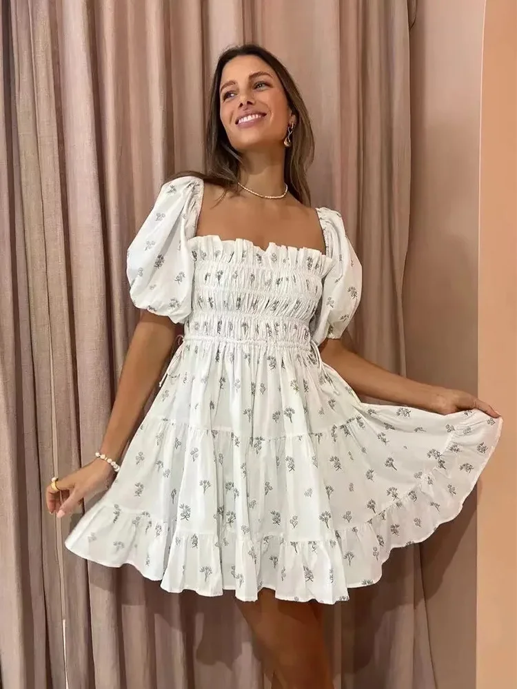 

Foridol Ruffles Smocked Puff Sleeve Short Summer Dress Women Printed Floral Mini Beach Dress Vintage Square Collar Boho Dress