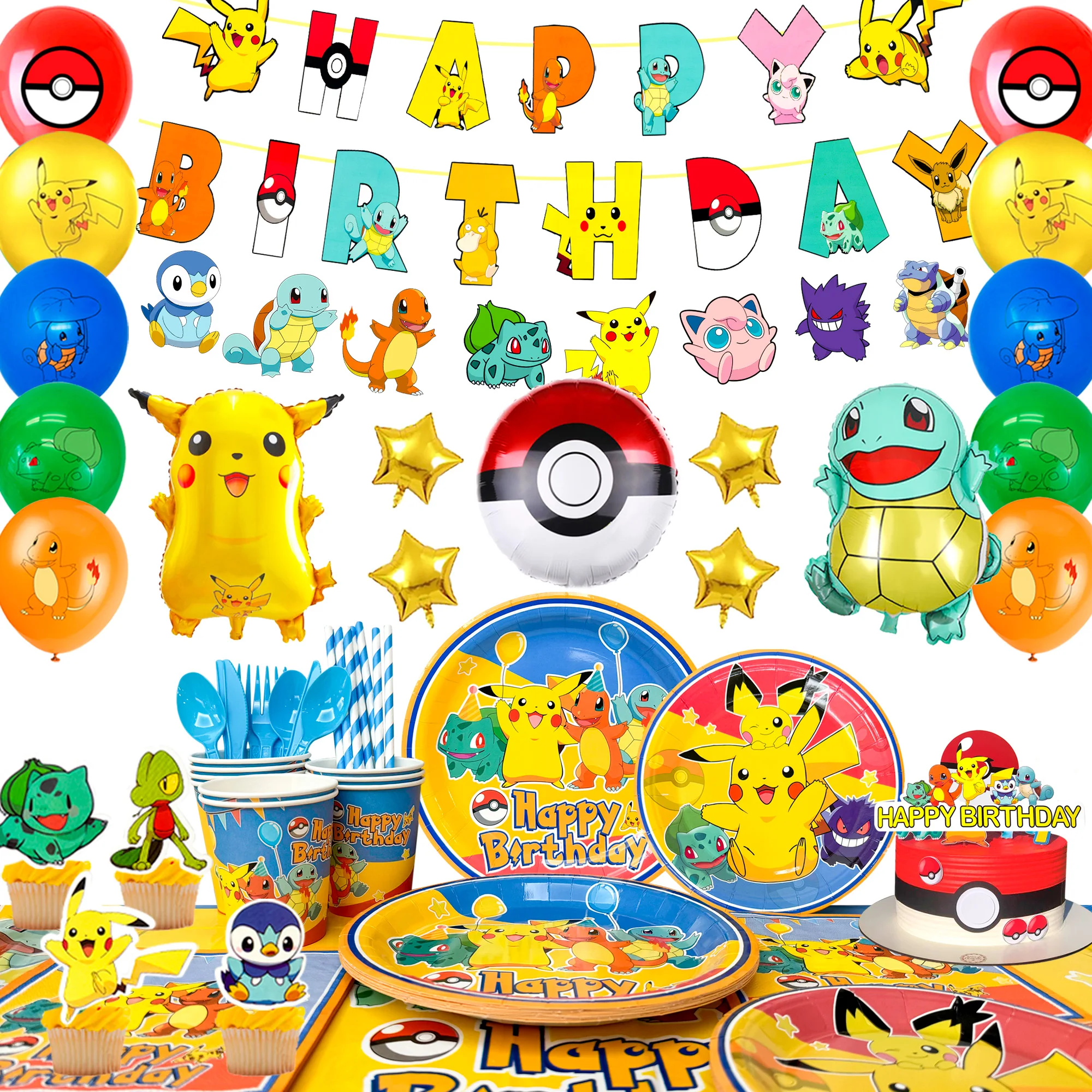 Décorations de fête d'anniversaire Pikachu, 136 pièces, fournitures de fête Pokemon, bannière, ballons, assiettes, serviettes, etc., décorations d'anniversaire Pokemon