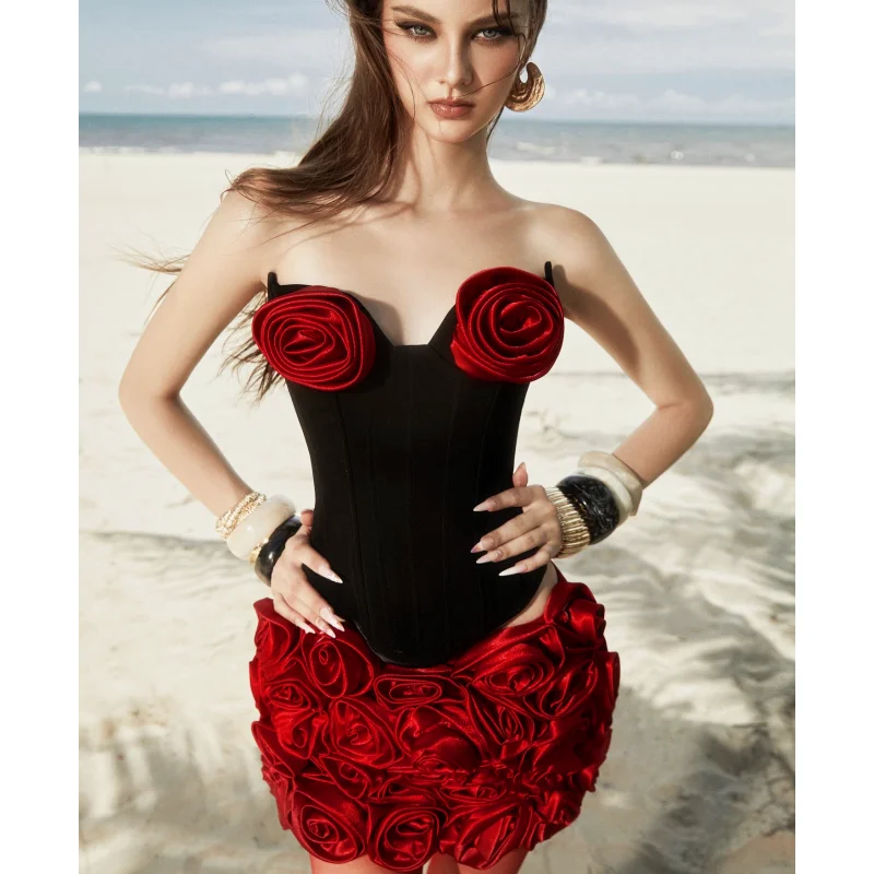 

Stereoscopic Red Flower Woman Set Strapless Top And Mini Dress 2 pieces Fashion Woman Evening Party Dress Birthday Party Outfit