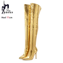 Stivali sopra il ginocchio in oro scarpe da festa da donna Zip posteriore 11CM tacchi alti sottili discoteca stivali lunghi a punta femminile Botas Feminina