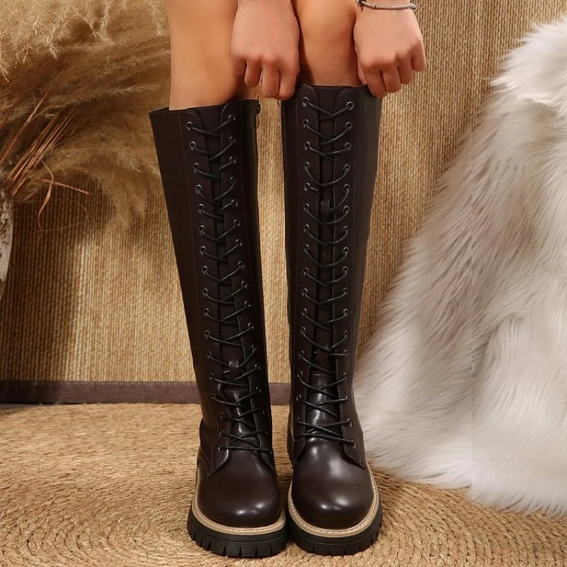 Womens Knee High Boots Round Toe Flat Low Heel Lace Up Front Side Zipper Closure Textured Lug Sole Smooth Leather Look Finish