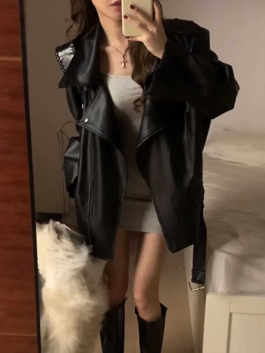 Chaqueta de cuero PU nea para mujer, chaqueta de motocicleta de estilo coreano con diseño pequeño, Top de viaje, manga larg...