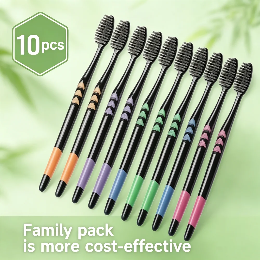 10 Peças Embaladas: Escova de Dentes de Carvão de Bambu com Cerdas Macias e Ultrafinas para Cabelos Pretos, Kit para Casal, Ferramenta de Limpeza Bucal