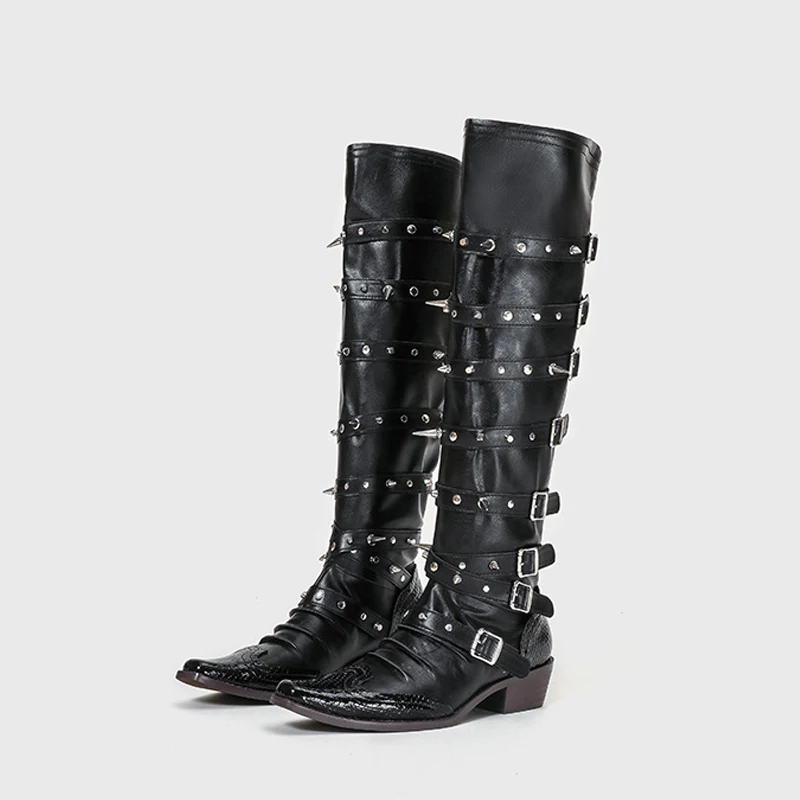 Autumn Winter Black Rivet Hot Girls Knight Boots Women's Metal Belt Buckle Pointed Toe Knee High Boots Woman Western Long Boots