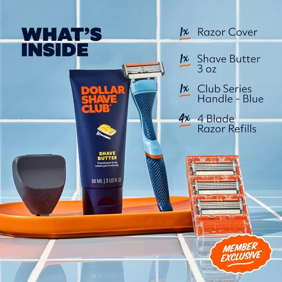 The Member Exclusive Shave Set with 4 Swift Rinse Refill Cartridges 1 Handle in Blue 1 Shave Butter 3 Ounce 1 Razor Cover Ideal