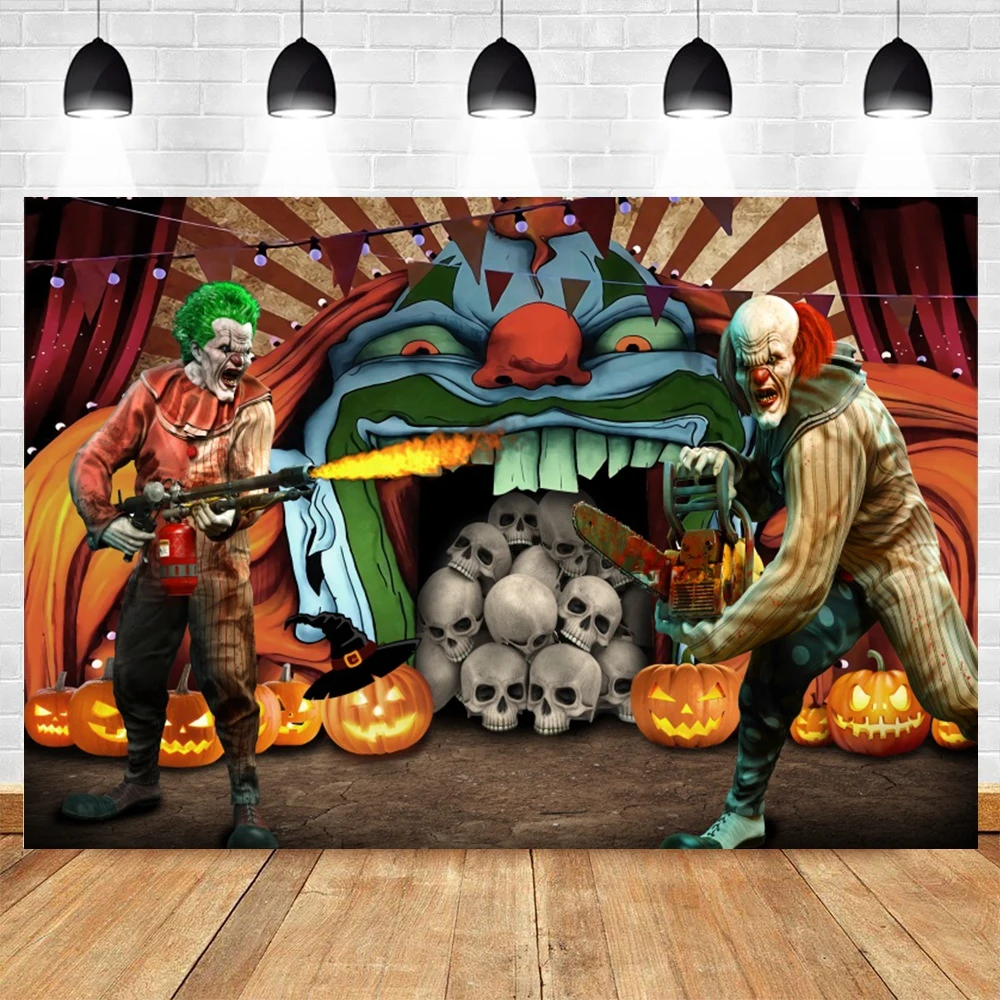 هالوين السيرك خلفية الرعب الشر مهرج خدعة أو علاج اليقطين الهيكل العظمي كرنفال حفلة صور خلفية التصوير الدعائم