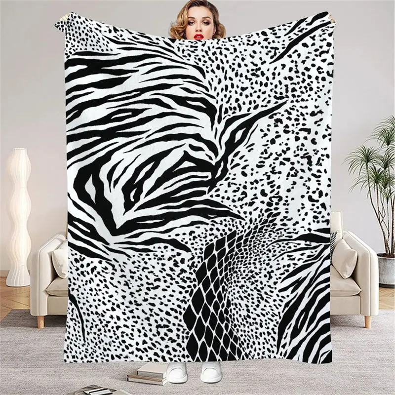 

Фланелевое одеяло с животным принтом, черно-белое теплое одеяло с леопардовым змеиным узором зебры для гостиной, дивана-кровати, декора
