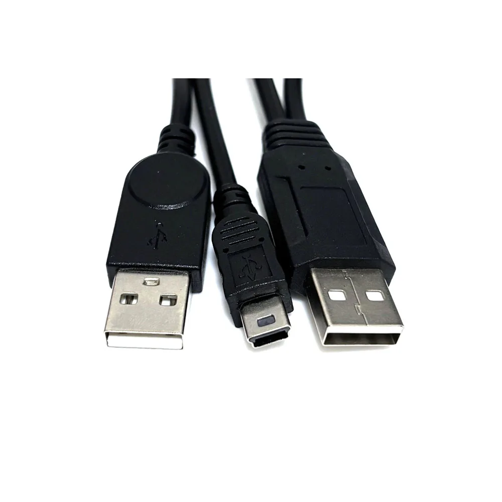 Dual Connector Type-A USB2.0 Male To Mini Type-B USB 5-Pin Male Extra Power Data Cable Compatible with Disk Dive SSD Camera MP