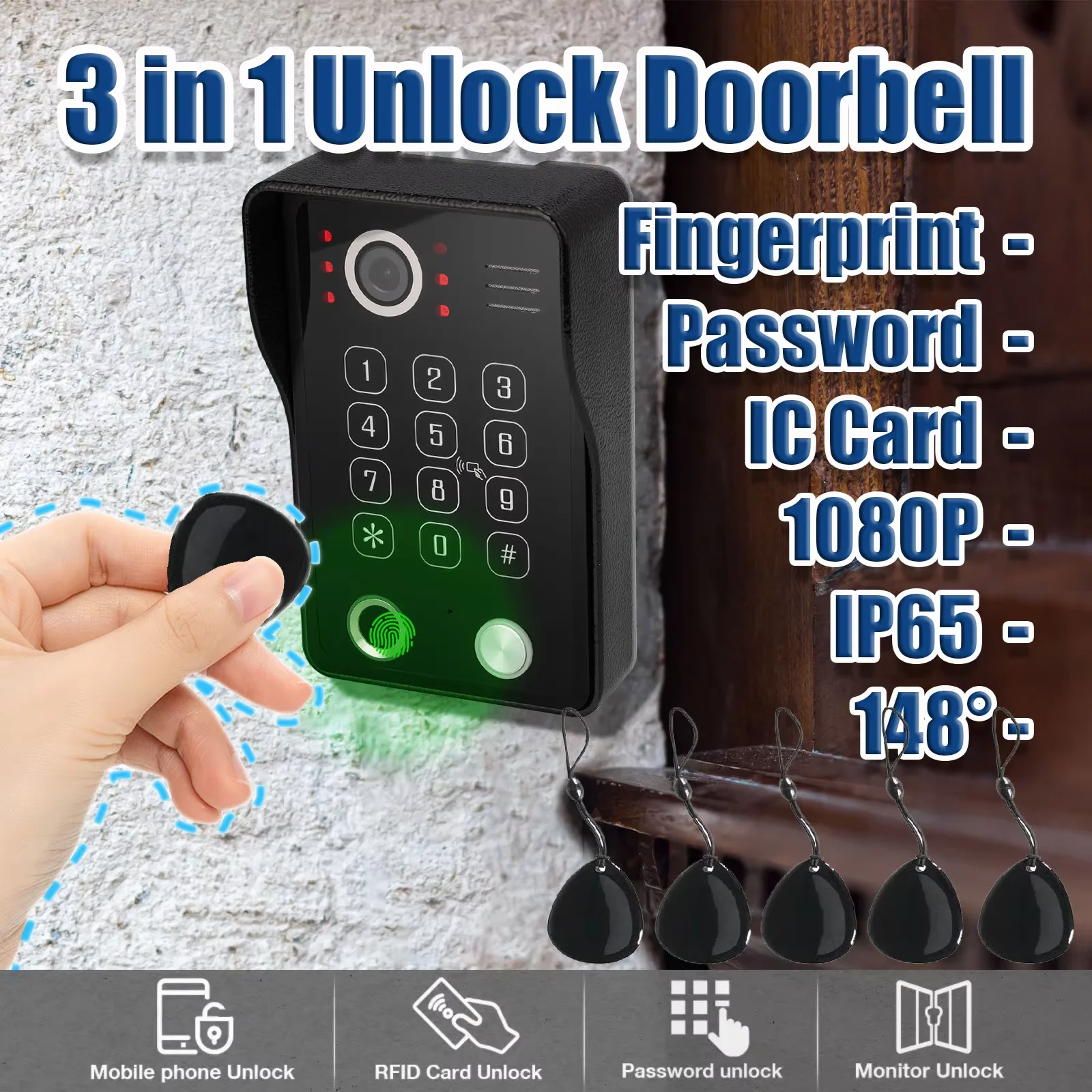 Fingerprint IC Card Password 3 in 1 Unlock Doorbell Video Intercom for Home 1080P 148° Wide View Security Protection