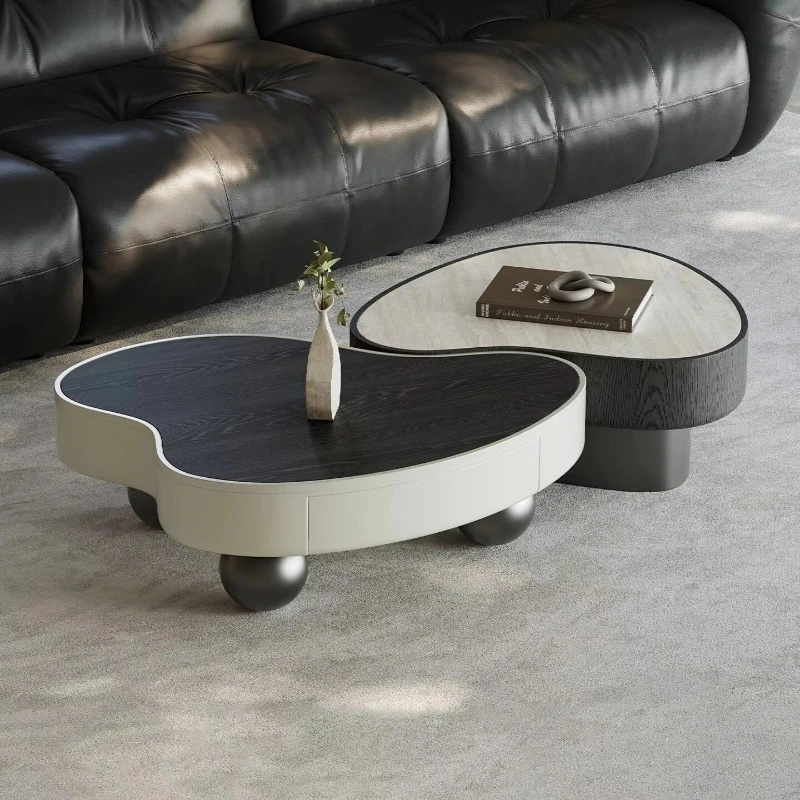 Modern Nested Coffee Table Set with Limestone Sintered Stone Countertops with Drawers