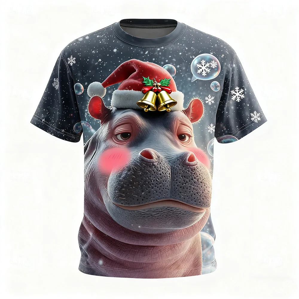 

3D Print Cute Hippo Graphic Men's T-Shirt Christmas Theme Casual Short Sleeve Pullover Fashion Outdoor Loose Round Neck Clothing