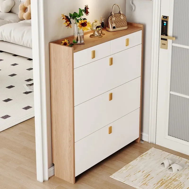 for Ultra-thin Tipping Bucket Shoe Cabinet Large Capacity Home Entrance Simple Small Apartment Space-saving Log Color Storage