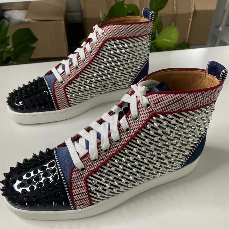 

Mixed Colors High Top Men Shoes Lace-up Leather Sneaker Trainers Breathable Men's Flats Rivets Shoes Luxury Casual Sneaker Shoes