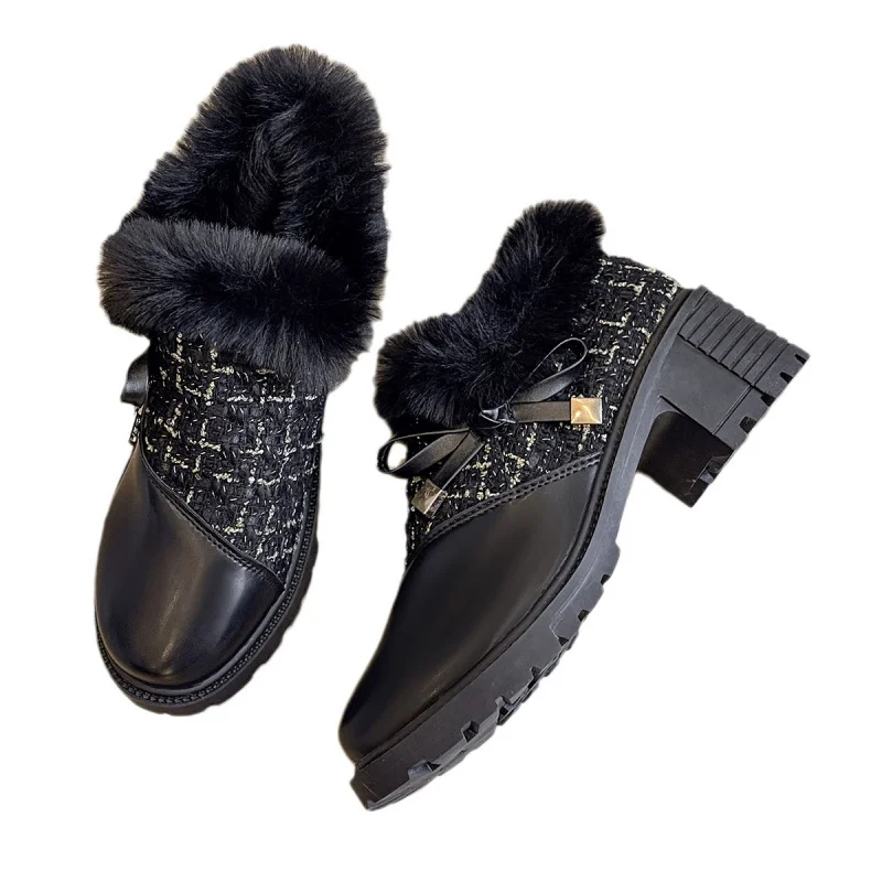 أحذية نسائية لعيد الميلاد لعام 2025 مع لمسة فيونكة، أحذية كاحل مبطنة بمقدمة مستديرة وكعب مكتنز، أحذية شتوية حلوة بمقاسات كبيرة #6