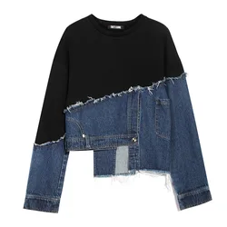 Sweatshirt Women's Personality Asymmetrical Denim Splicing Loose Casual Top Autumn Winter Fashion Versatile Hoodless Sweatshirt