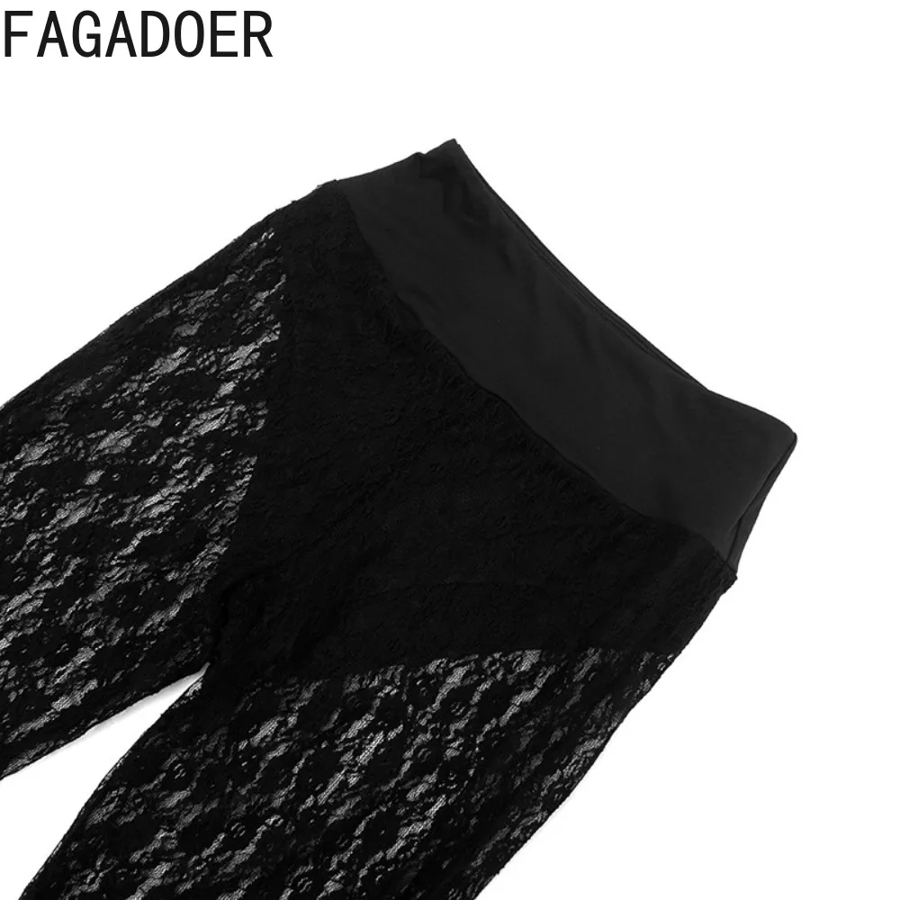 FAGADOER Sexy Lace Patchwork Bodycon Pants Women Solid Color Hollow-out See Through Pants Female Streetwear Bottoms Spring New