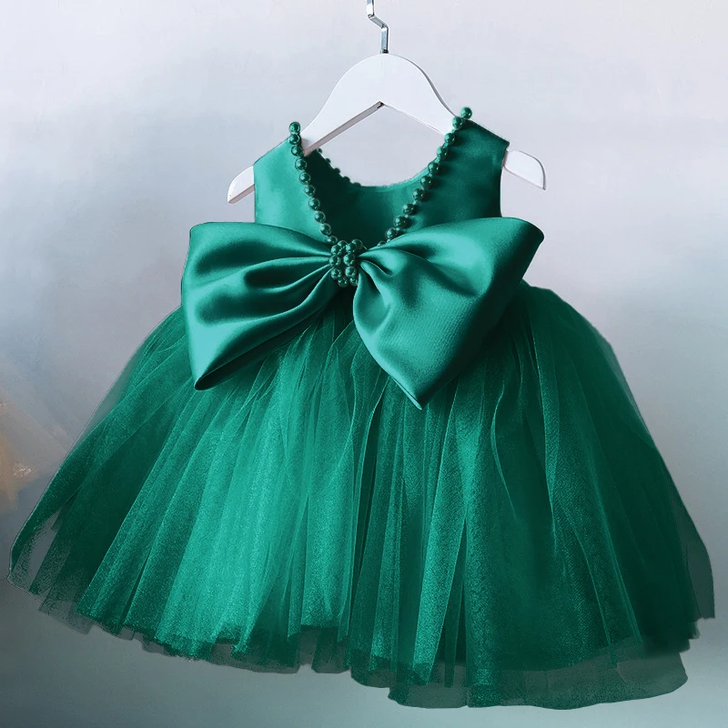 Green Christmas Dress for Girls Toddler Kids 1st Birthday Party Gown Elegant Princess Beaded Backless Baby Girl Wedding Vestidos