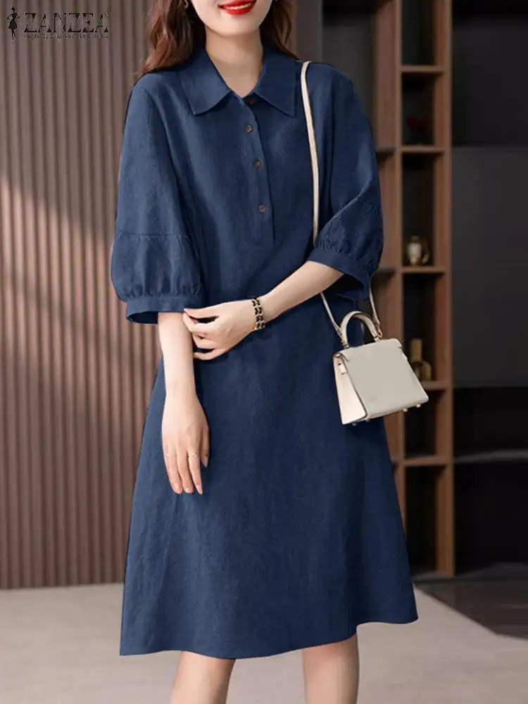 ZANZEA Women Cotton Shirt Dress 2024 Summer Lapel Neck Dresses Korean Office 3/4 Sleeve Midi Vestidos Elegant Solid Buttons Robe