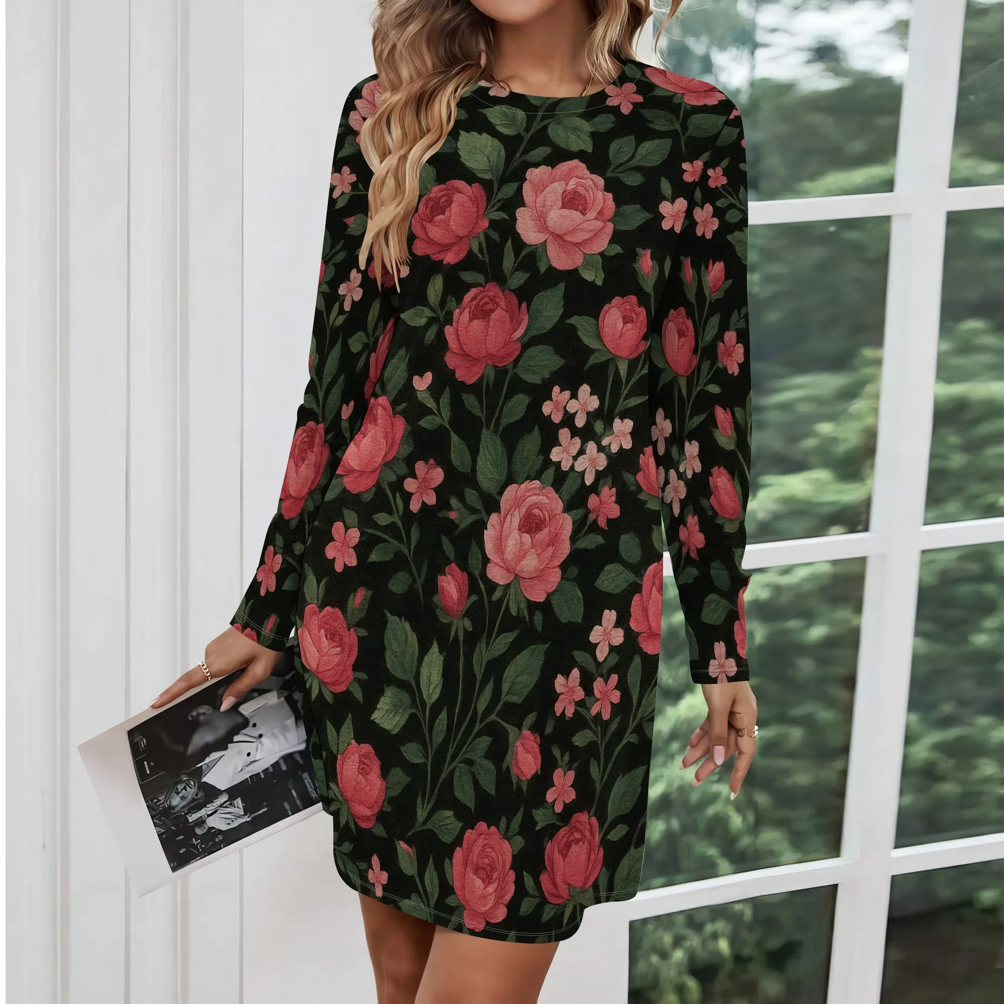 Abito casual in chiffon floreale con maniche a 3/4 Boho ampio taglie forti da donna
