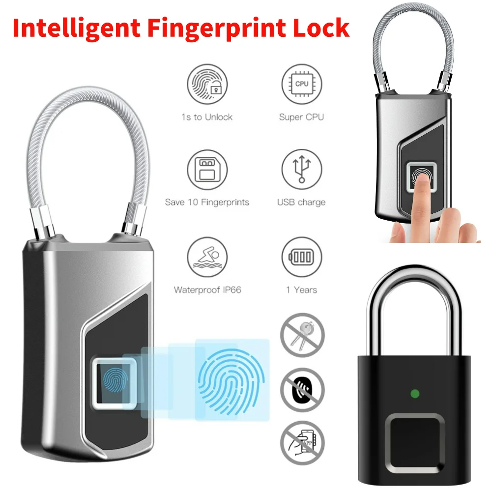 Intelligent Fingerprint Lock Portable Keyless Fingerprint Padlock Waterproof USB Rechargeable for Door Suitcase Backpack Locks