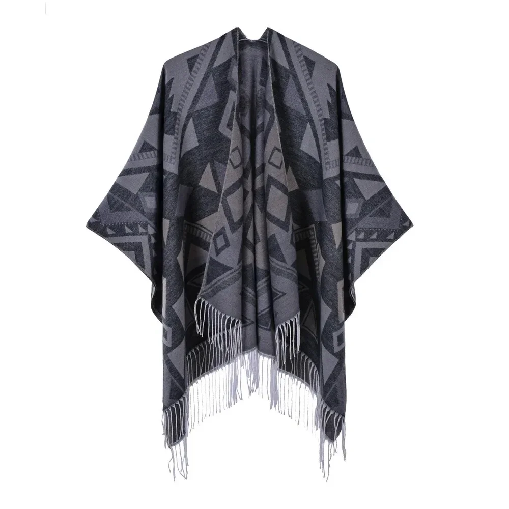 Women's Tassel Split Cape Double-sided Imitation Cashmere Like Thickened Warm Large Cloak Blanket Autumn Ponchos Black