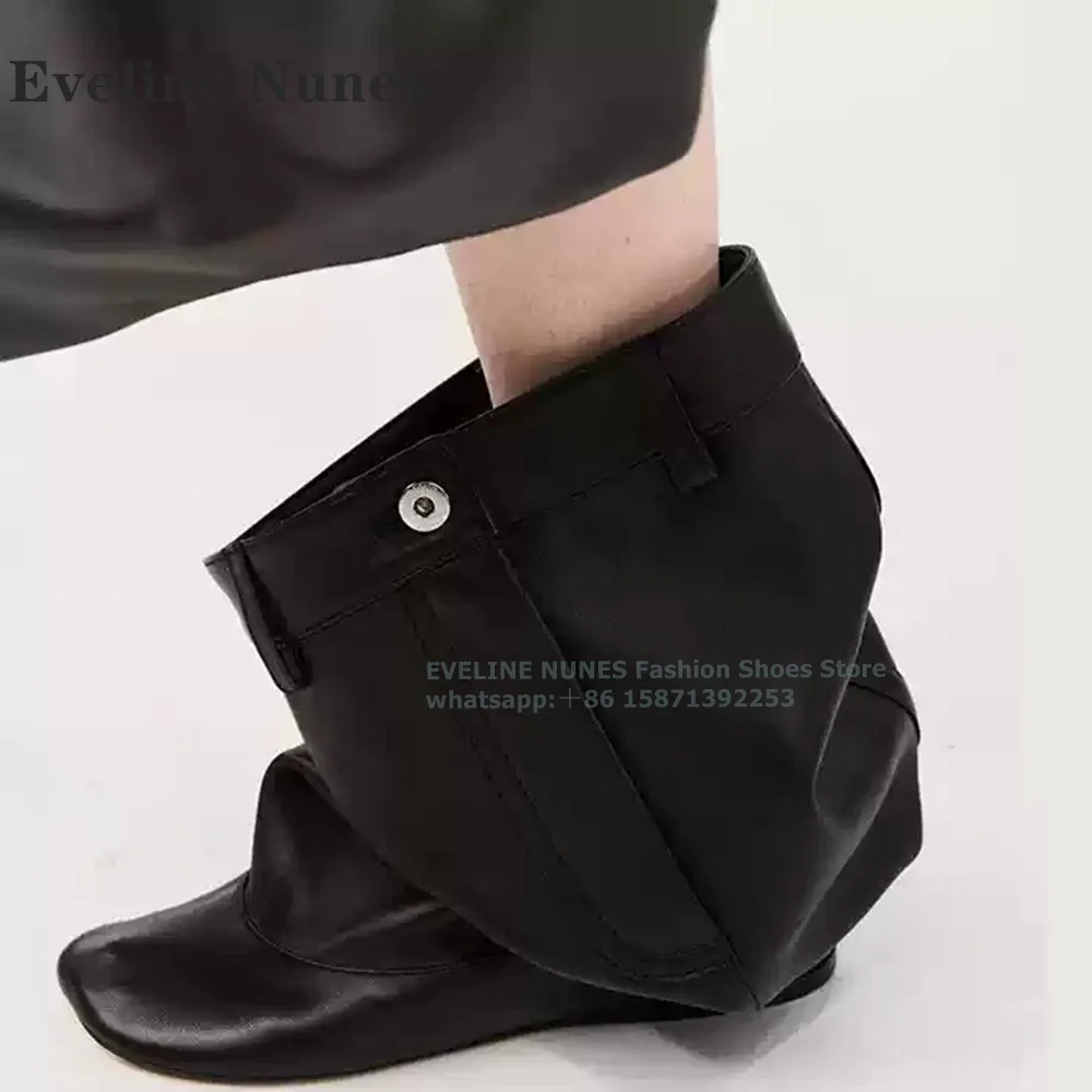 

Square Toe Wedges Black Trouser Boots Button Decor Solid Plus Size Slip On Women Mid-Calf Boot Patchwork Winter Shoes 2024 Trend