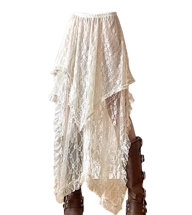 L-4XL تصميم كبير الحجم غير النظامية الدانتيل جوفاء مثير الكورية تنورة فتاة المشمش الربيع الصيف الشاش ألف خط عالية الخصر التنانير الطويلة