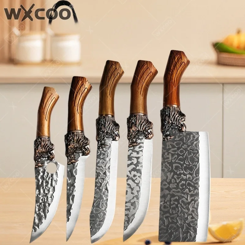 WXCOO Küchenmesser mit Rolltasche, professionelles geschmiedetes Ausbeinmesser, Edelstahl-Metzgermesser, Kochmesser für Kochen, Grillen, Kochmesser