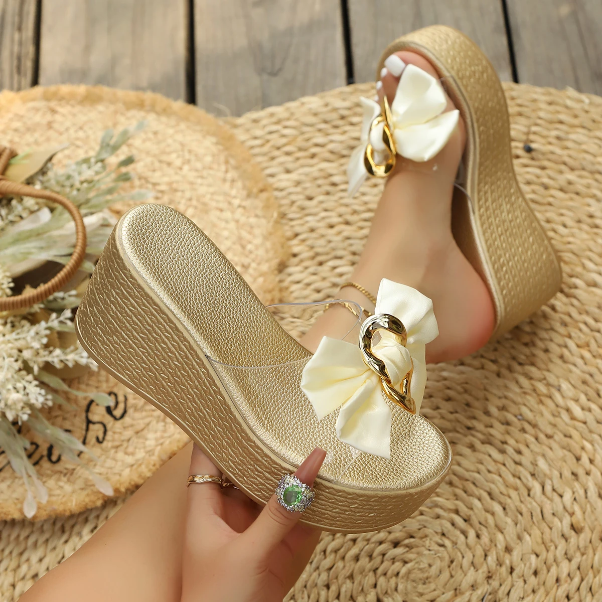 Women Wedges Sandals Summer Beach Platform Shoes Women Designer Round Headed Solid Color Slippers High Heel Big Size Shoes