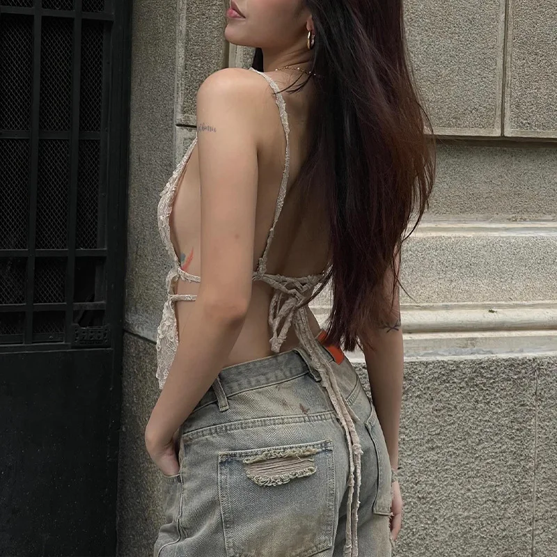 Estate Vedere Attraverso Sexy Fata Carro Armati Backless Top 2025 Donne Harajuku Grunge Canotte Y2k Estetica Vintage Carro Armato di Pizzo