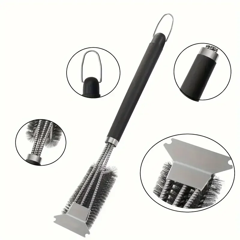 1 piece, professional three-end barbecue brush with spatula, stainless steel bristles, long handle-kitchen and barbecue utensils