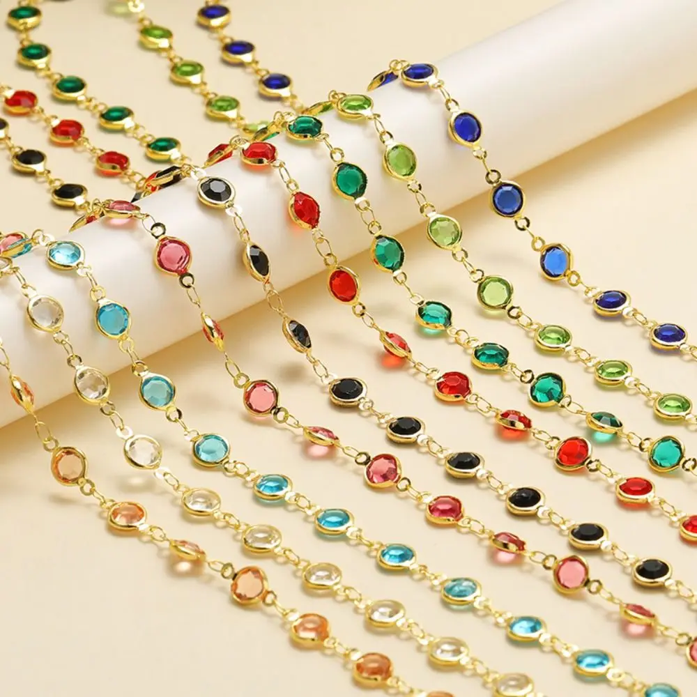 Patchwork Crystal Beaded Chain Colorful Embedded Zircon Gold Glass Bead Accessories Tools Bracelet DIY Jewelry Beads Chain Gift