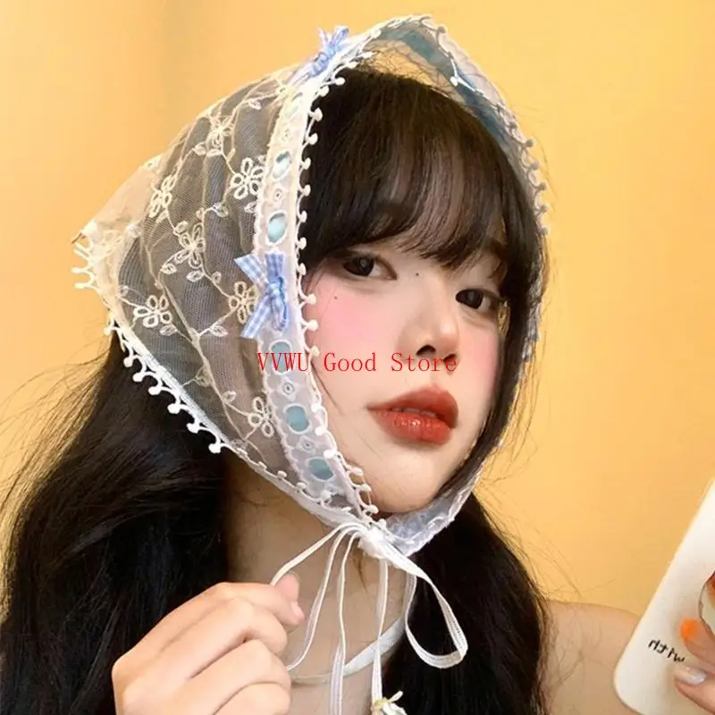 터번 레이스 두건 아나 헤어 스카프 레이스 자수 흰색 레이스 보우 노트 스터드 스터드