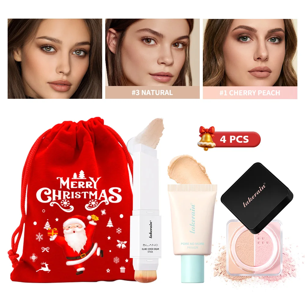 4Pcs Face Makeup Set Foundation Stick Pore No More Primer Loose Setting Powder Long Lasting Matte Beginner Makeup Christmas Gift
