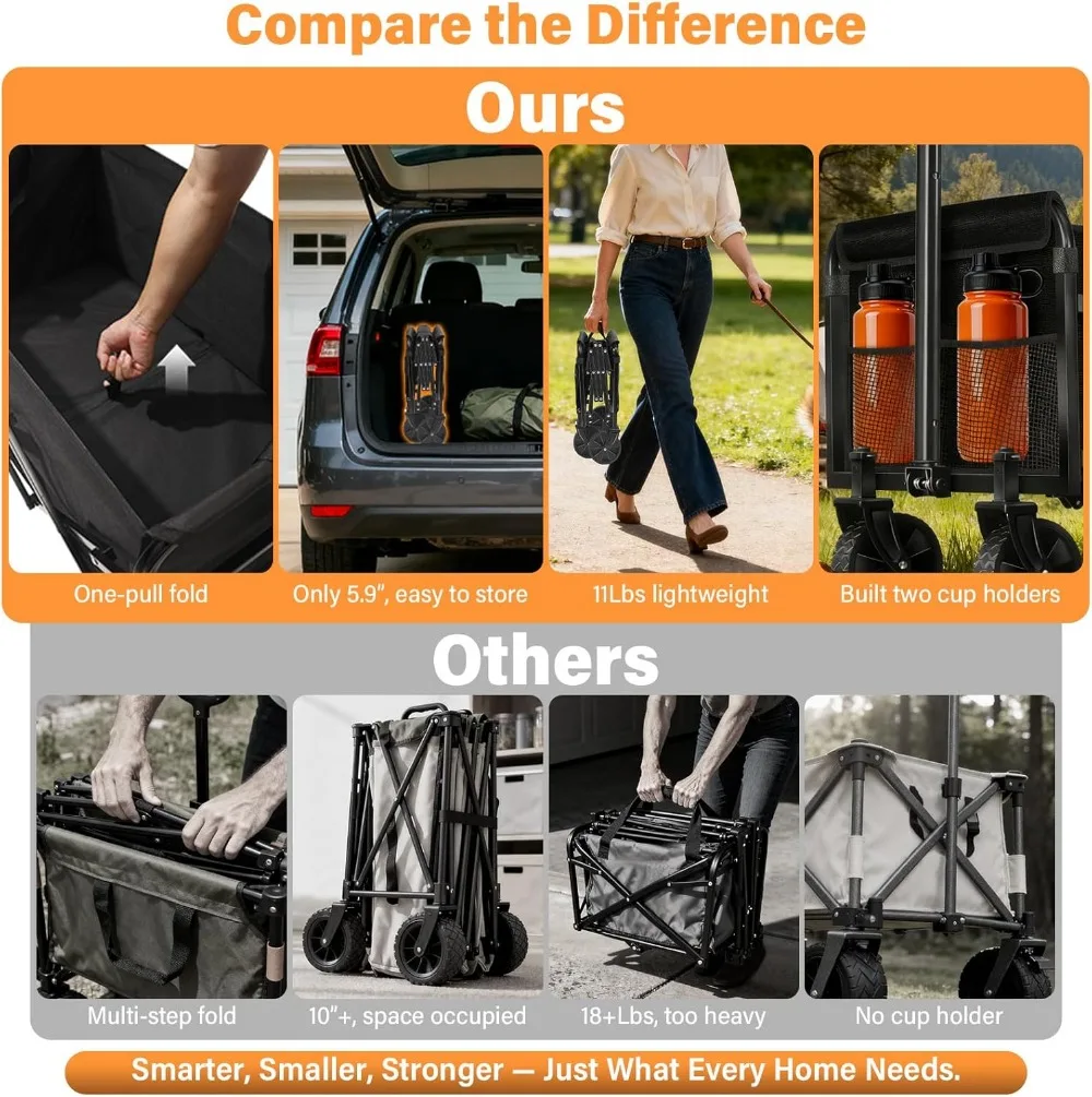 Carrinho de vagão dobrável dobrável com rodas para todo terreno - Carrinho utilitário portátil para compras, esportes e uso ao ar livre