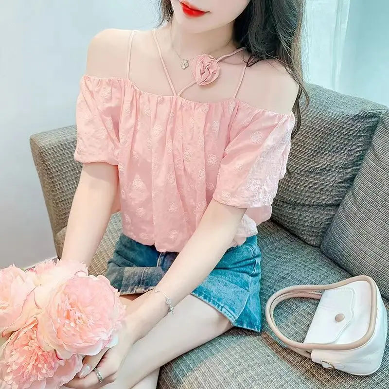 Women Sexy Off Shoulder Backless 3D Flower Blouses Summer Elegant Pink Sweet Short Sleeve Shirts Female Casual Slim Fairy Tops