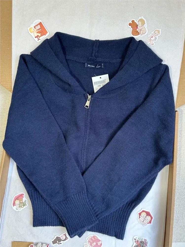 

Vintage Navy Lambskin Hooded Sweater Women Autumn New Zip-up Cotton Simple Cropped Coat Chic Preppy Style Casual Cardigan Tops