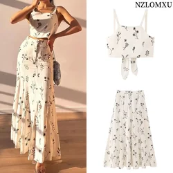 2023 Summer Woman Sets Fashion Embroidery Bowknot Short Sling Tops + Midi Long Skirts Casual Elegant Slim 2 Pieces Sets