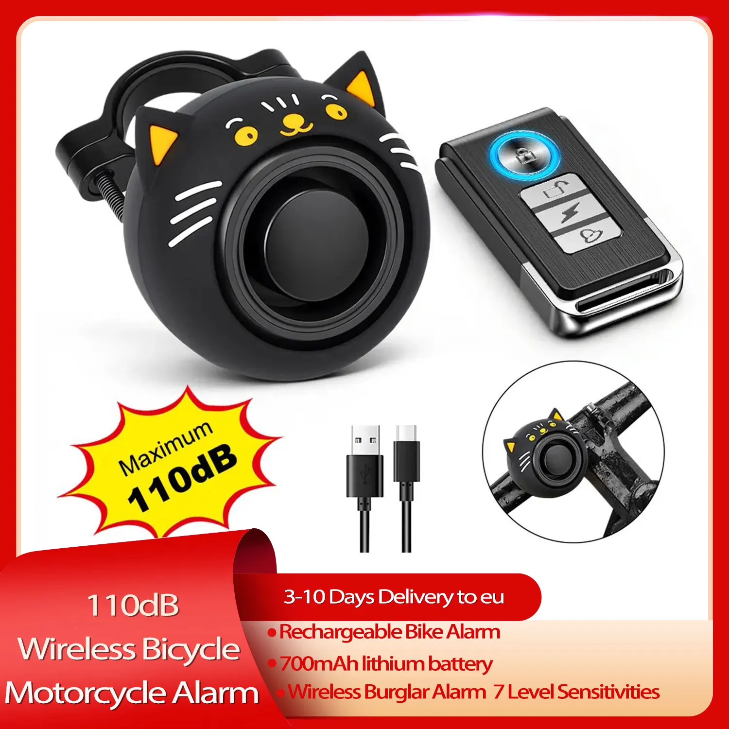 Kitten Shape 110 dB Waterproof Bike Motorcycle Alarm Bicycle Motion Sensor Alarm Anti Theft with Remote Control 3 Volume Adjust