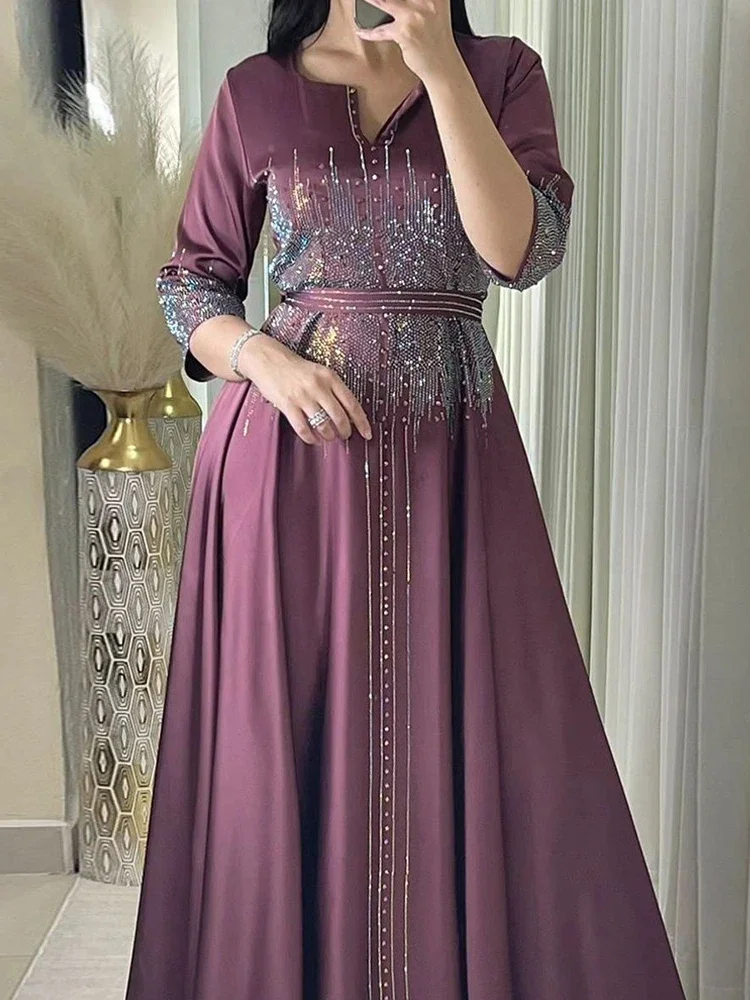 Eid Satin Dress for Women Diamond Muslim Ramadan Party Abaya Long Dress Belt Kaftan Vestidos Largos Dubai Robe Jalabiya 2024