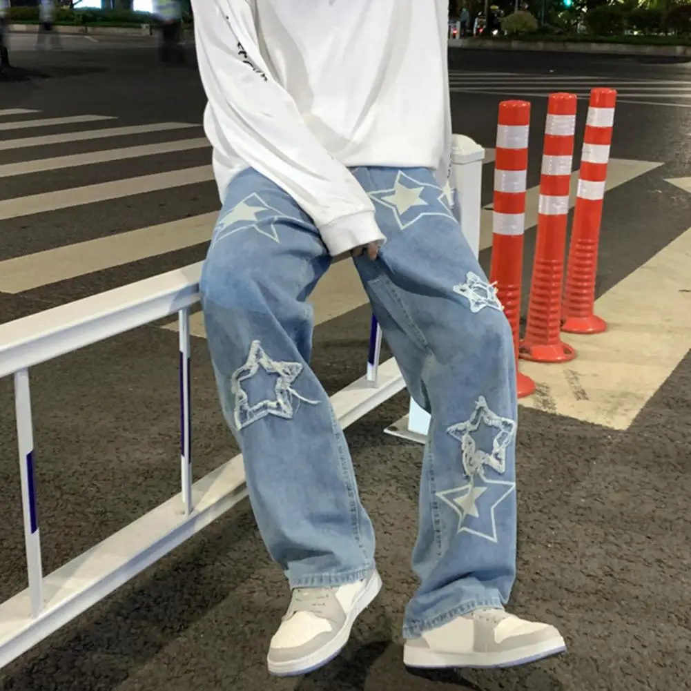 Men Denim Pants Five-pointed Star Pattern Embroidery Loose Wide Leg Streetwear Solid Mid Waist Baggy Jeans Straight Trousers